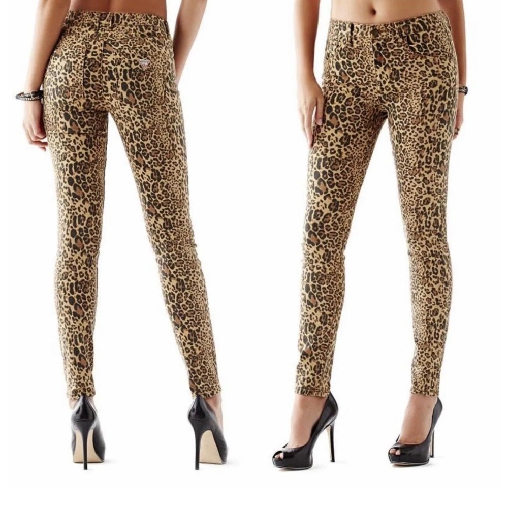 GUESS 1981 Power Skinny Jeans Leopard Print Animal Tan Black Brown Pants Size 23